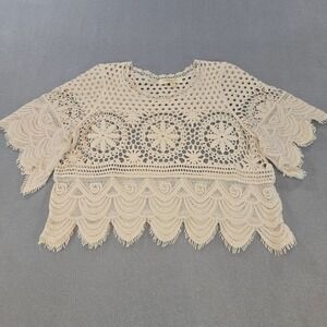 Rebellion Again Crochet Lace Top Womens XS Cream Boho Floral Scalloped Cropped